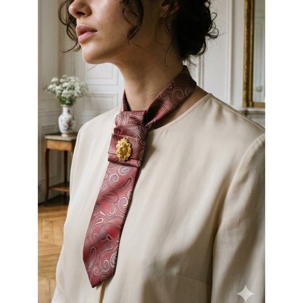 NWT Van Heusen Red Paisley Silk Statement Necklace Tie with Gold Lion Brooch